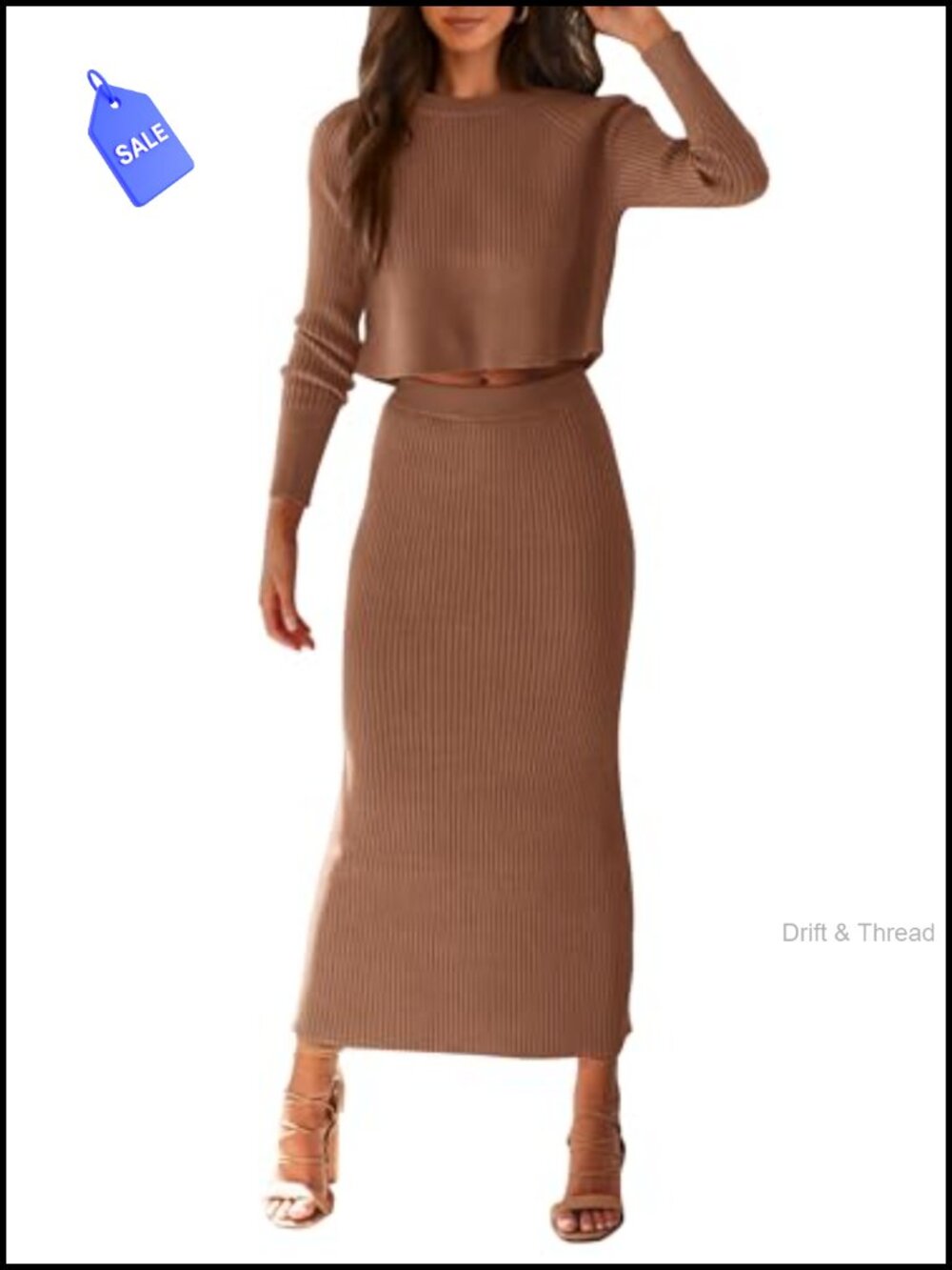 Rib Knit 2 Piece Sweater Set Long Sleeve Crop Top Maxi Skirt